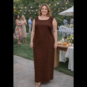 Coldwater Creek Brown Linen Maxi Dress 18 Square Neckline Boho Chic Minimalist